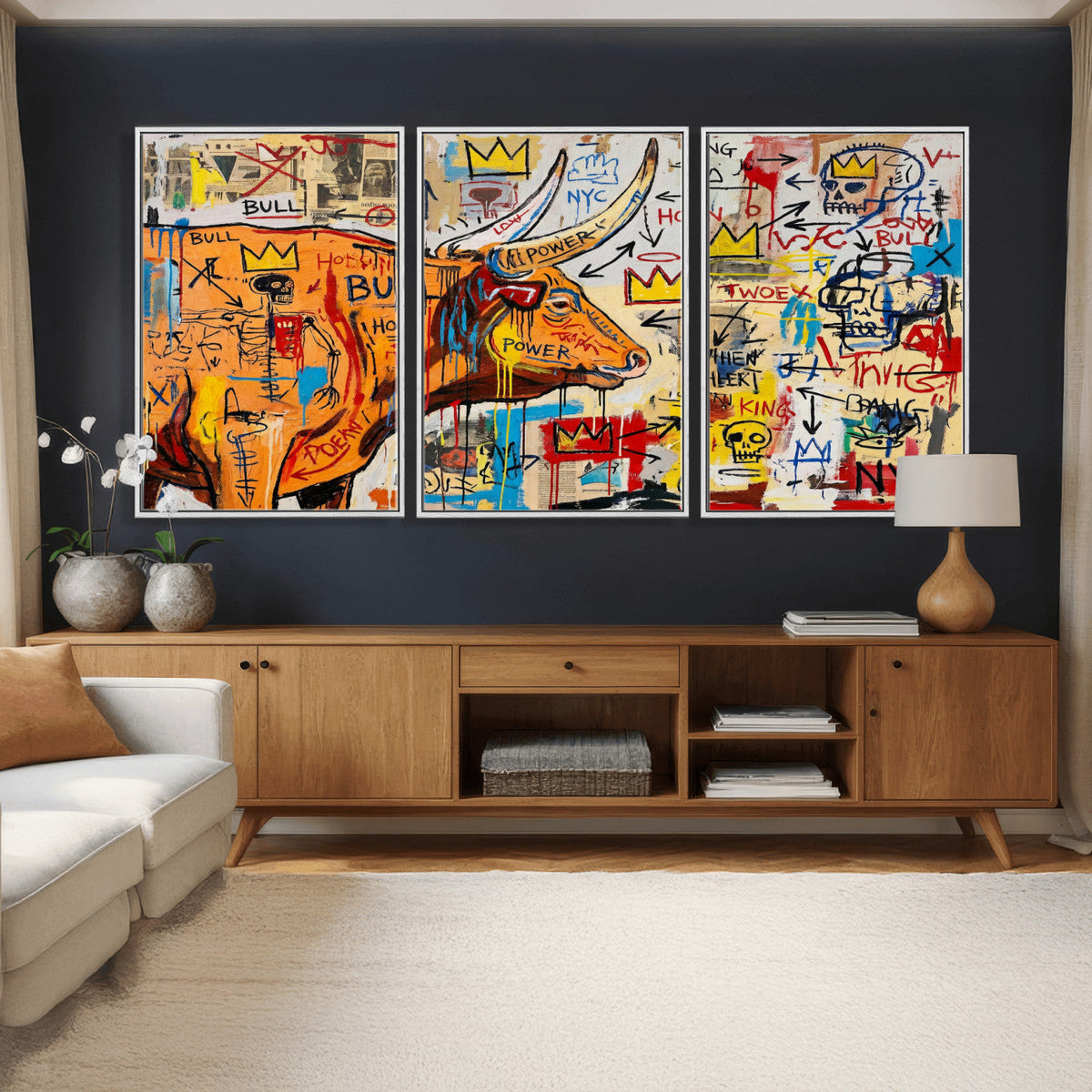 Basquiat Style Bull Graffiti Wall Art Canvas Print, Street