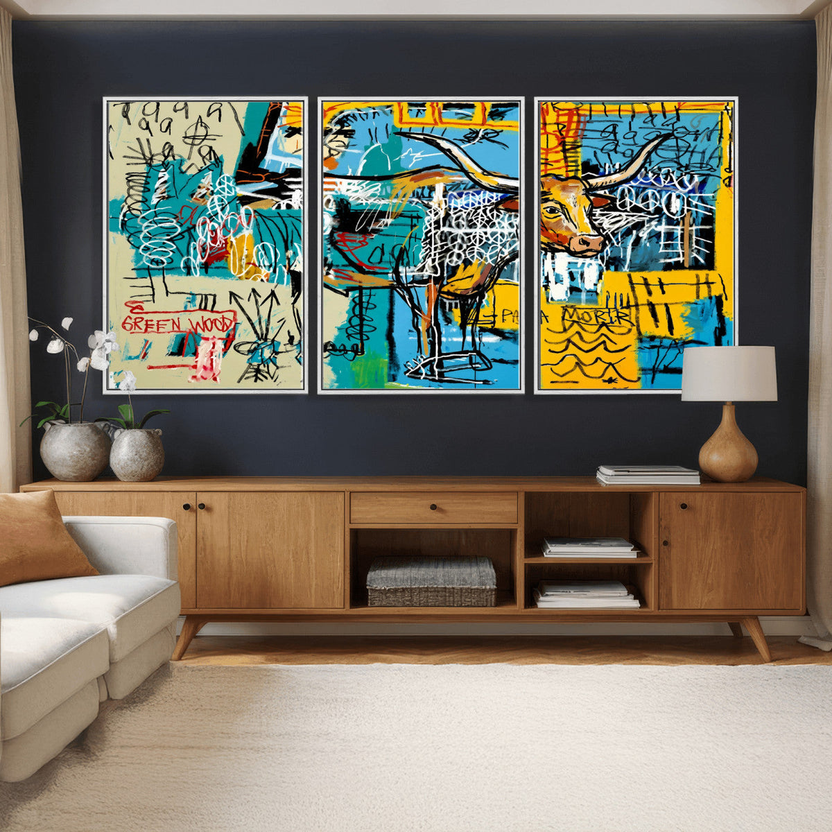 Basquiat Style Bird Bull Graffiti Wall Art Canvas Print,