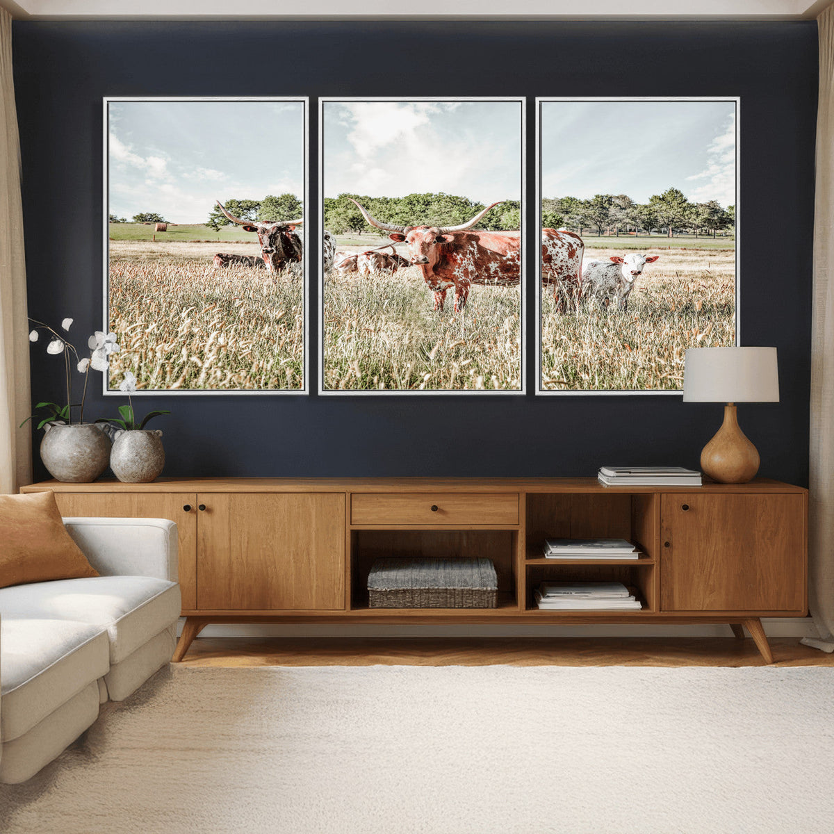 Texas Longhorn Cattle Wall Art Canvas Print, Rustic Ranch