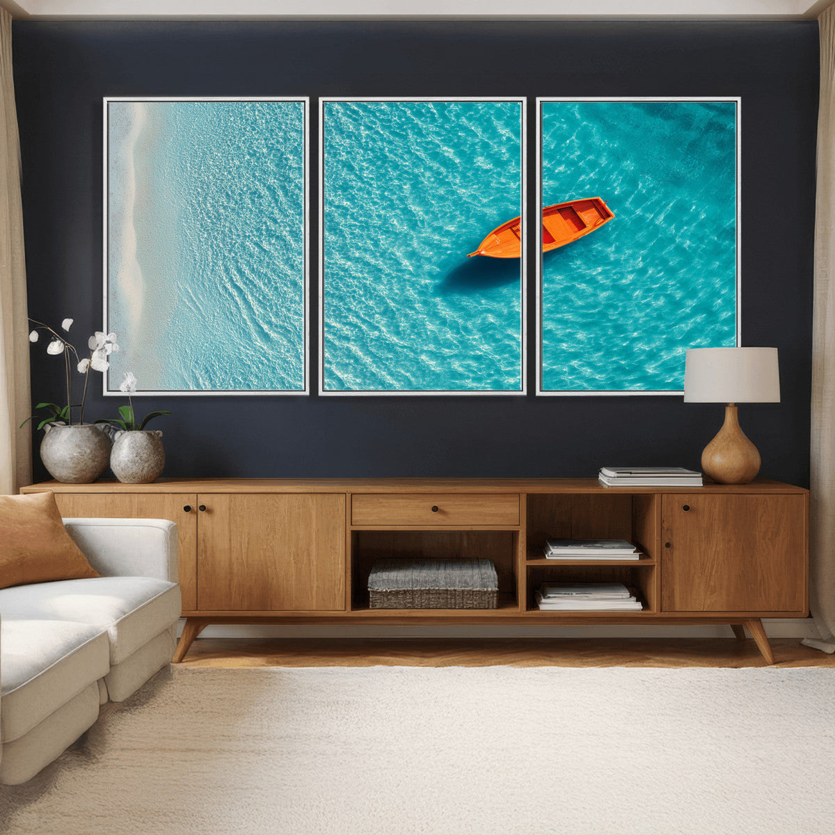Minimalist Boat Wall Art Canvas Print, Aerial Sea Landscape