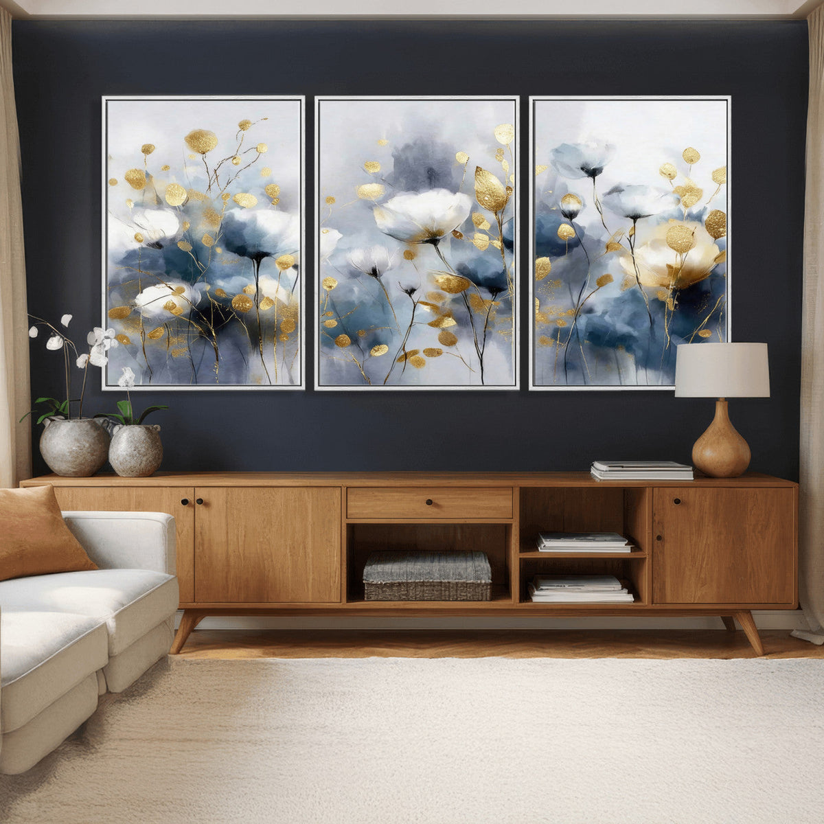 Large Abstract Flowers Wall Art Canvas Print – Gold and Blue