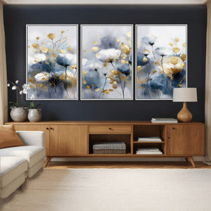 Large Abstract Flowers Wall Art Canvas Print – Gold and Blue
