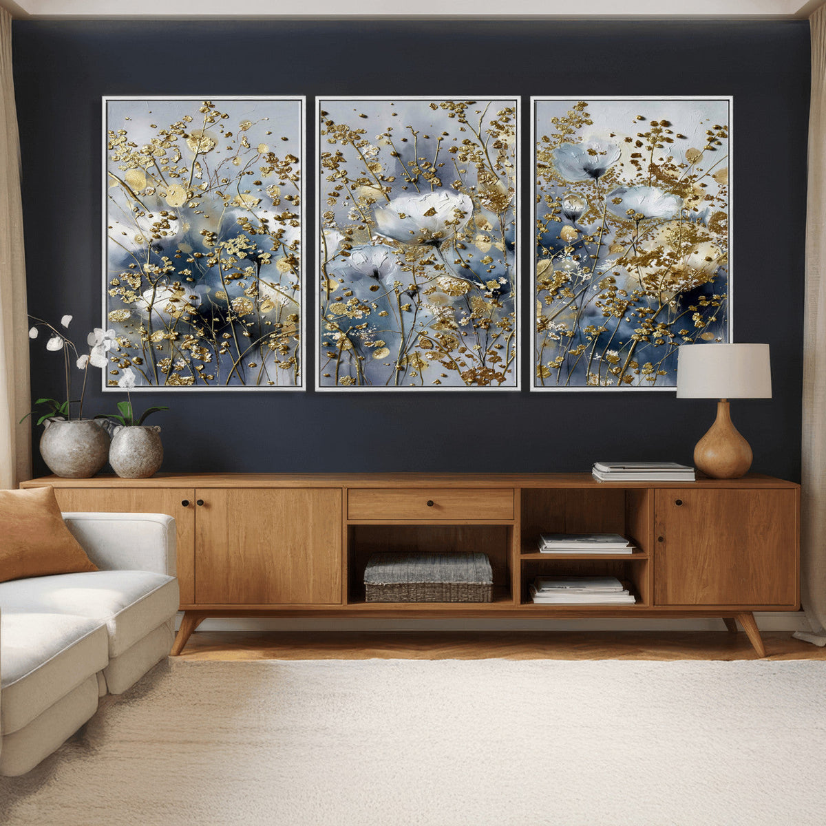 Abstract Floral Wall Art Canvas Print – Gold and Blue