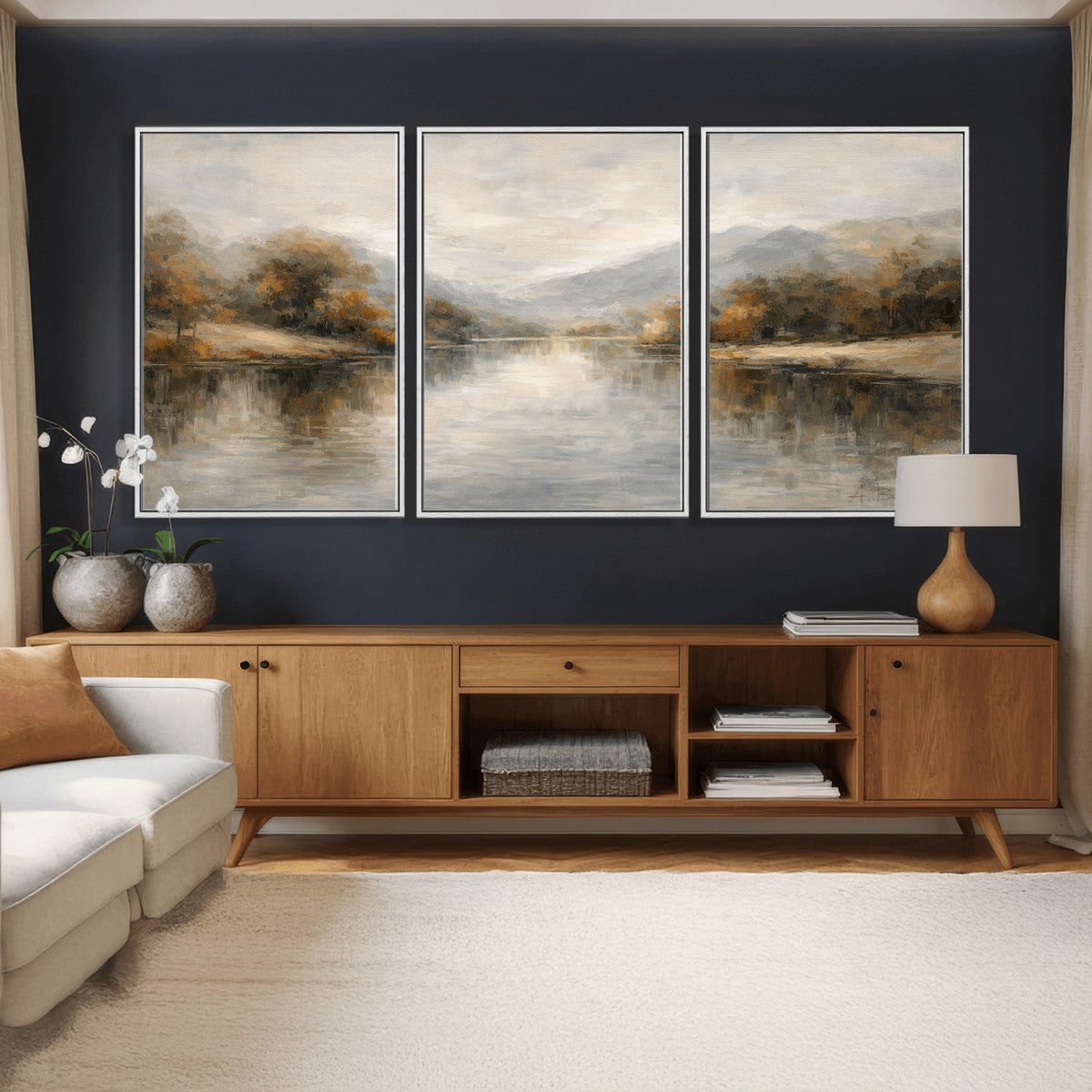 Neutral Abstract River Landscape Wall Art Canvas Print
