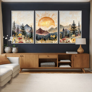 Boho Mountain Landscape Large Wall Art, Horizontal Gold