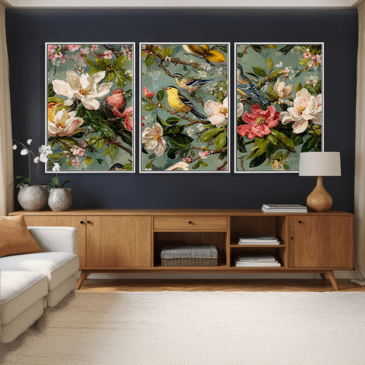 Vintage Birds and Flowers Wide Wall Art: Extra Large