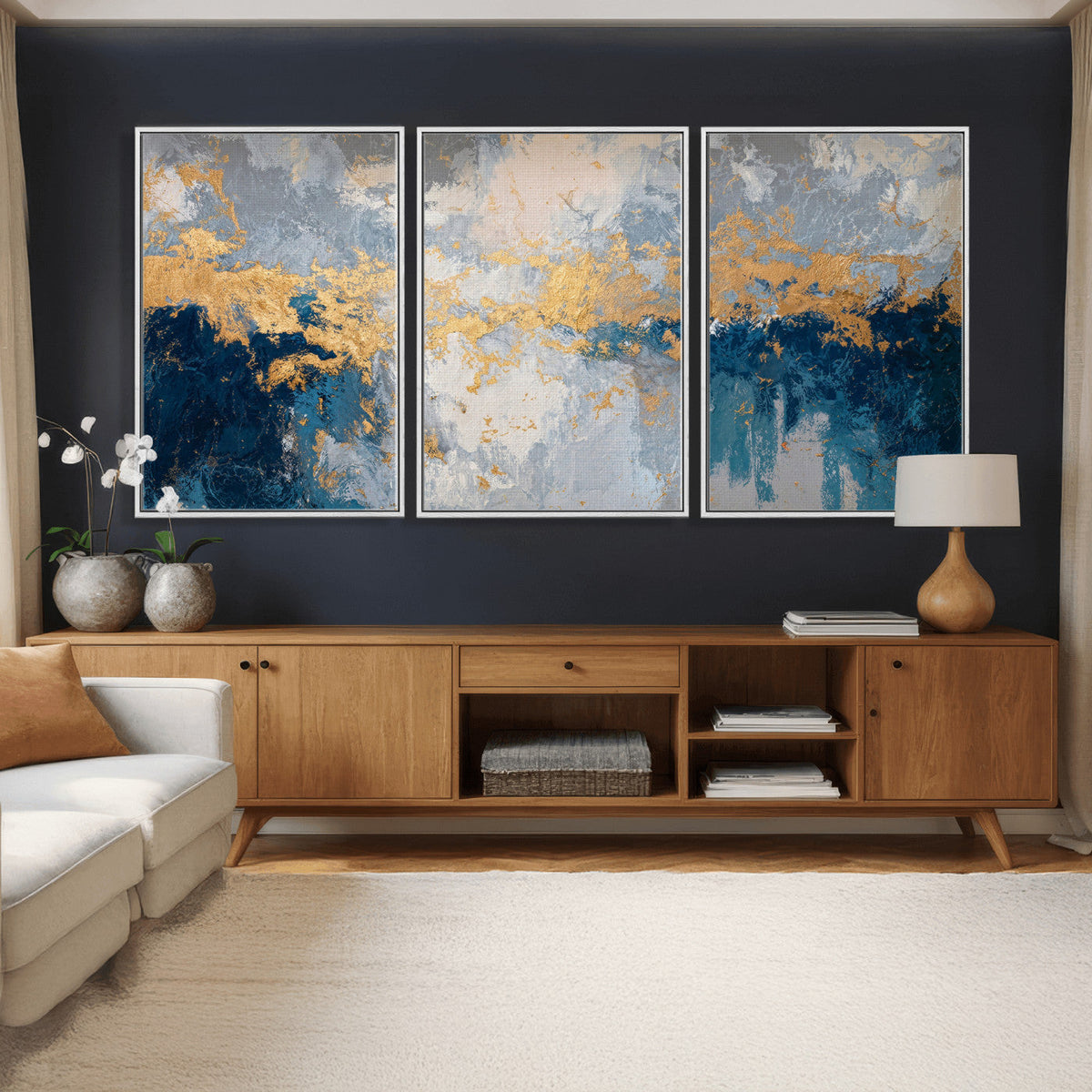 Blue Gold Abstract Large Framed Canvas Wall Art, Modern