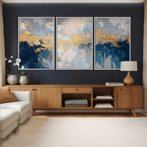 Blue Gold Abstract Large Framed Canvas Wall Art, Modern