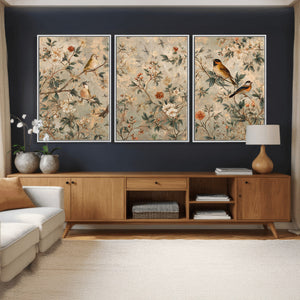 Vintage Birds and Flowers Wall Art Canvas Print, Botanical