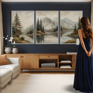 Vintage Mountain Landscape Wall Art Canvas Print Set, Rustic