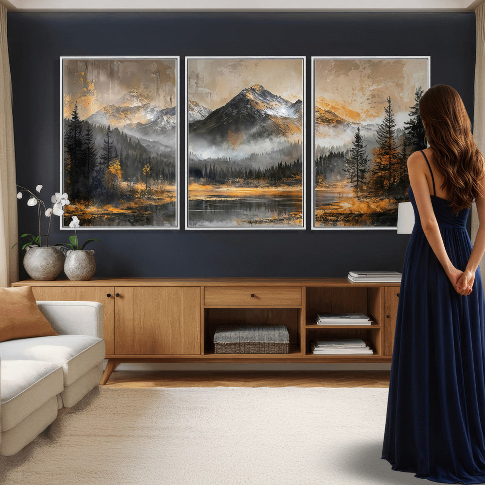 Mountain Lake Canvas Wall Art — Rustic Forest Landscape