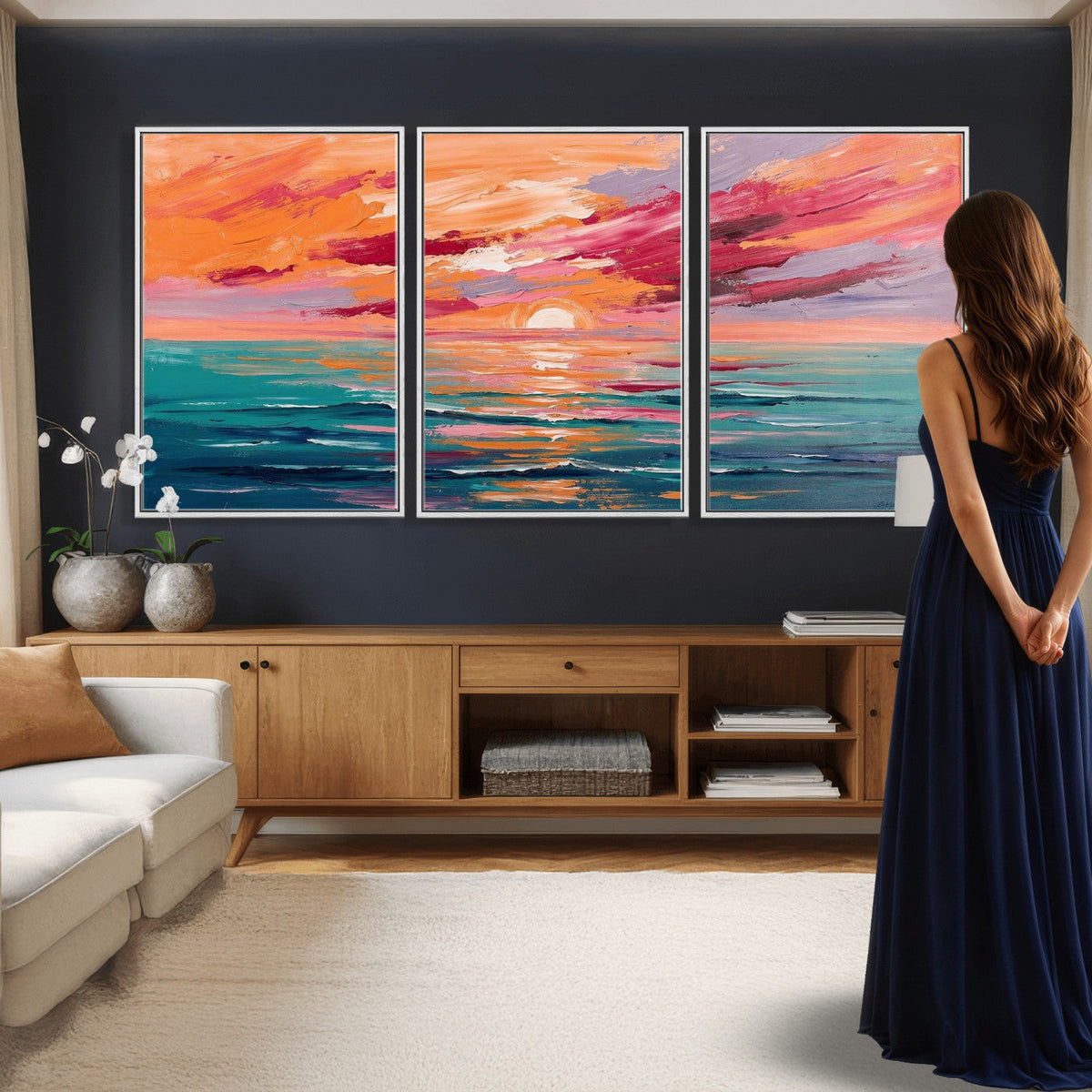 Bold Palette Knife Ocean Sunset Canvas — Orange Pink Teal