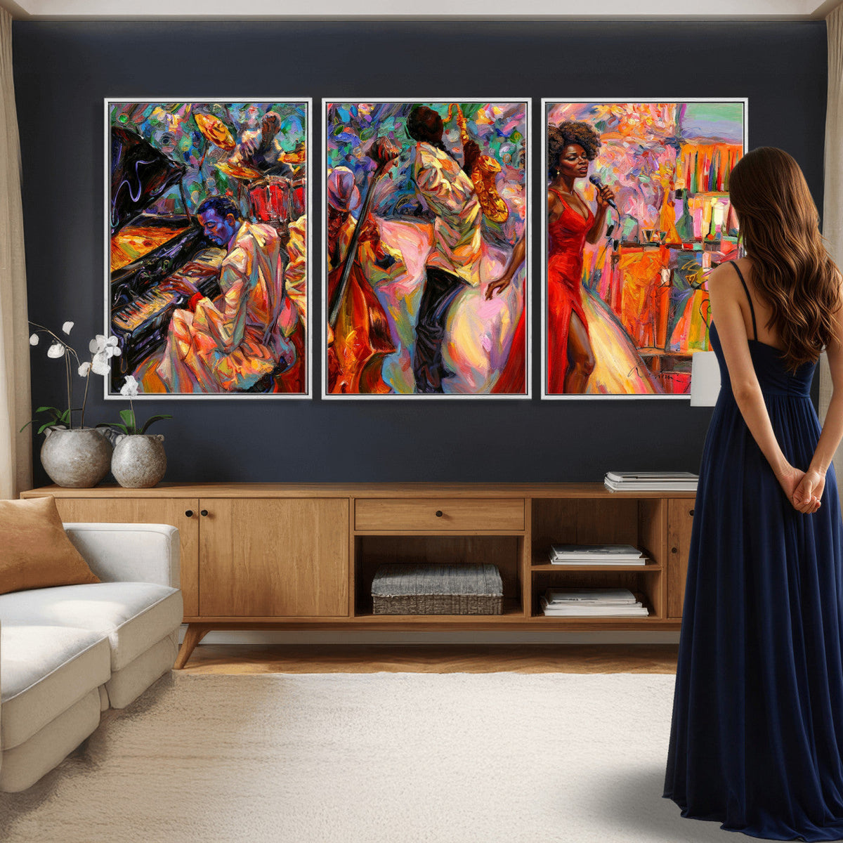 African American Jazz Singer Canvas Art — Red Dress Black