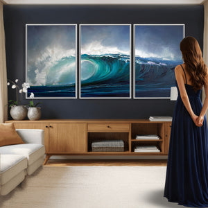 Ocean Wave Canvas Wall Art, Dramatic Teal Blue Seascape Oil