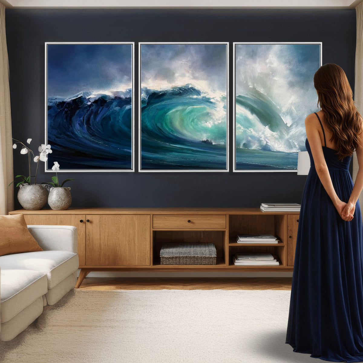 Ocean Wave Canvas Wall Art, Dramatic Teal Blue Seascape Oil