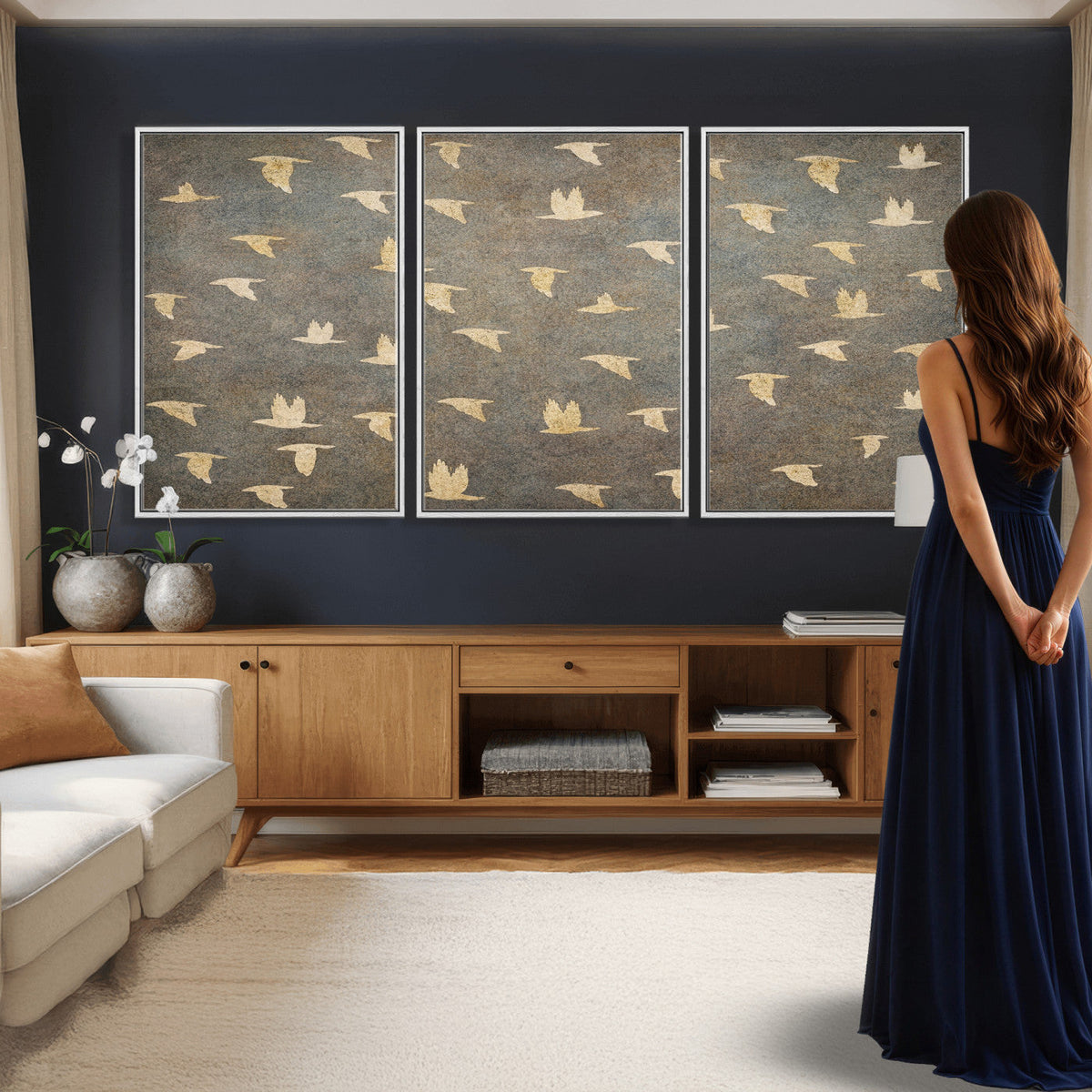 Flying Birds Canvas Wall Art, Vintage Bird Flock Pattern