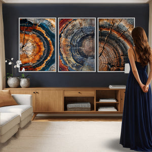 Tree Ring Canvas Wall Art, Wood Cross Section Triptych
