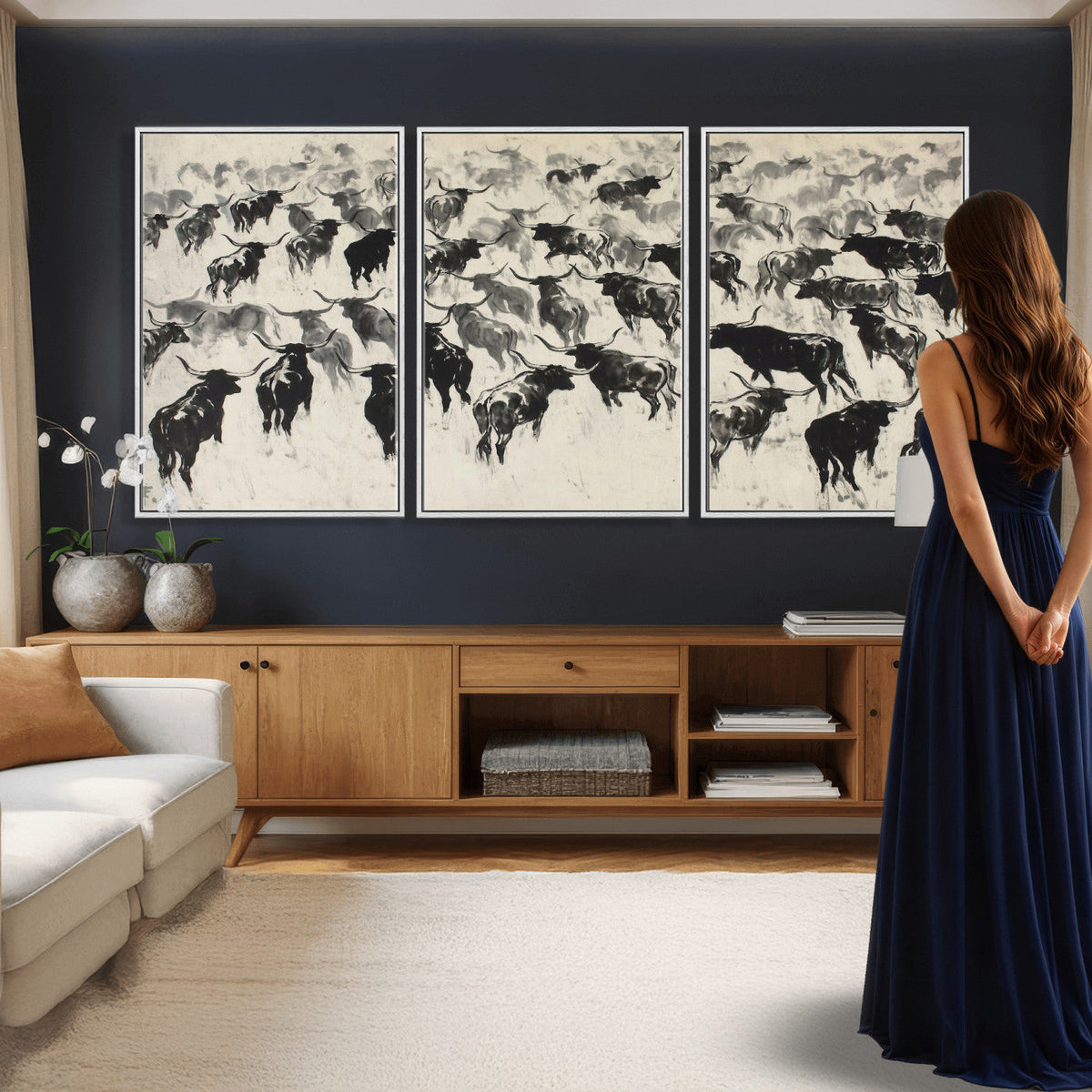 Longhorn Cattle Canvas Wall Art, Black White Stampede Ink