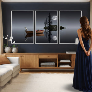 Moonlit Lake Canvas Wall Art, Dreamy Boat Heron Full Moon