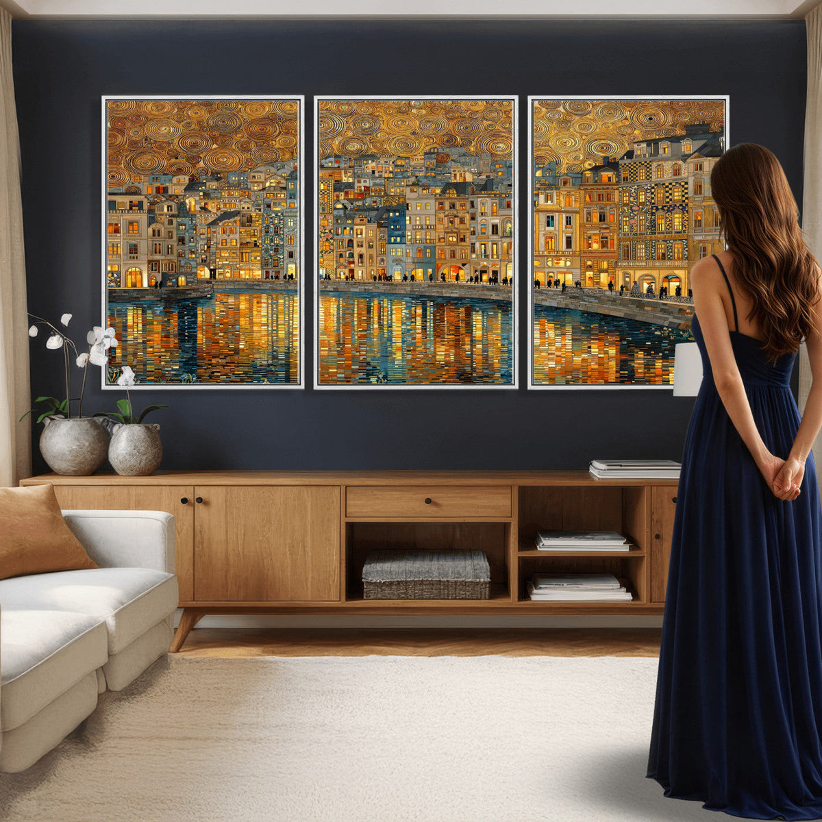 Gustav Klimt Golden Cityscape Wall Art Canvas Print, Framed