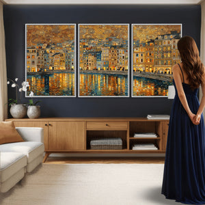 Gustav Klimt Golden Cityscape Wall Art Canvas Print, Framed