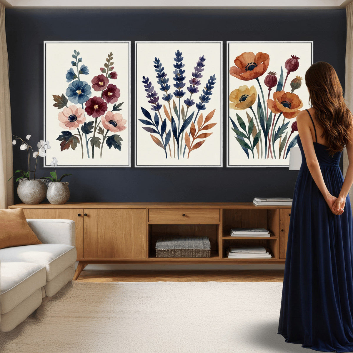 Watercolor Botanical Canvas Wall Art Set, Navy Terracotta