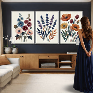 Watercolor Botanical Canvas Wall Art Set, Navy Terracotta