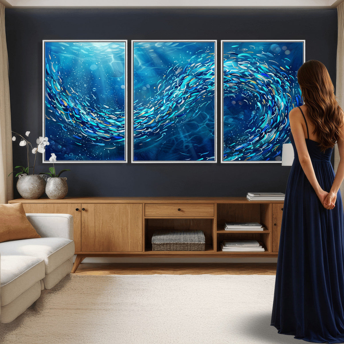 School of Fish Canvas Print | Blue Ocean Underwater Wall Art