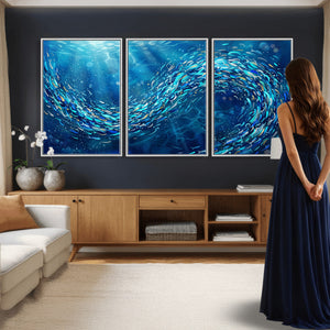 School of Fish Canvas Print | Blue Ocean Underwater Wall Art