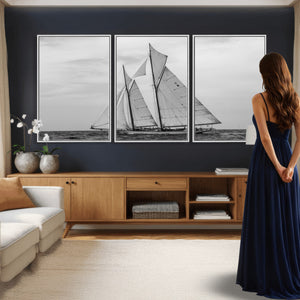 Vintage Sailboat Wall Art Canvas Print, Black and White