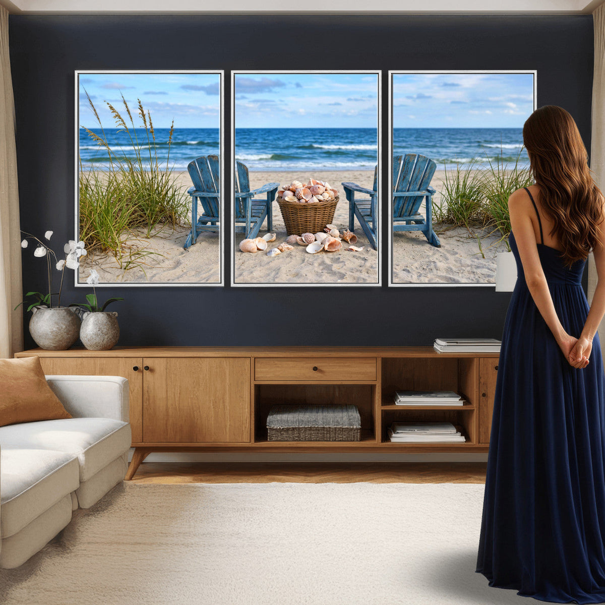 Large Beach Canvas Wall Art Coastal Adirondack Chairs Ocean