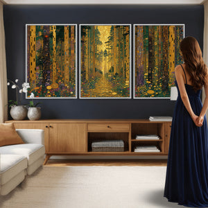 Gustav Klimt Style Forest Canvas Wall Art, Golden Forest Path Floral Art Nouveau Print, Enchanted Woodland Decor