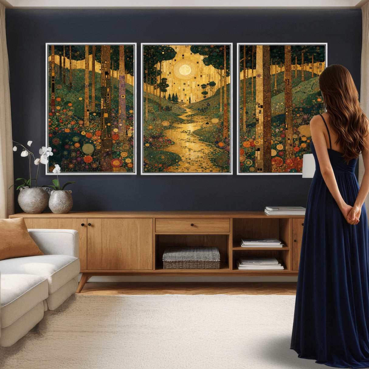 Gustav Klimt Style Forest Canvas Wall Art, Golden Forest Path Floral Art Nouveau Print, Enchanted Woodland Decor