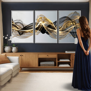 Black and Gold Abstract Wall Art, Modern Wave Canvas Print, Elegant Flowing Smoke Art, Luxury Living Room Decor