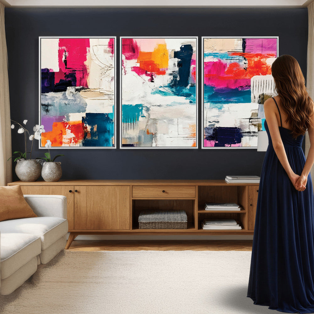 Blue Teal Abstract Canvas Wall Art, Modern Textured Painting Print, Navy Orange White Contemporary Art, Neutral Living Room Decor, Office Art
