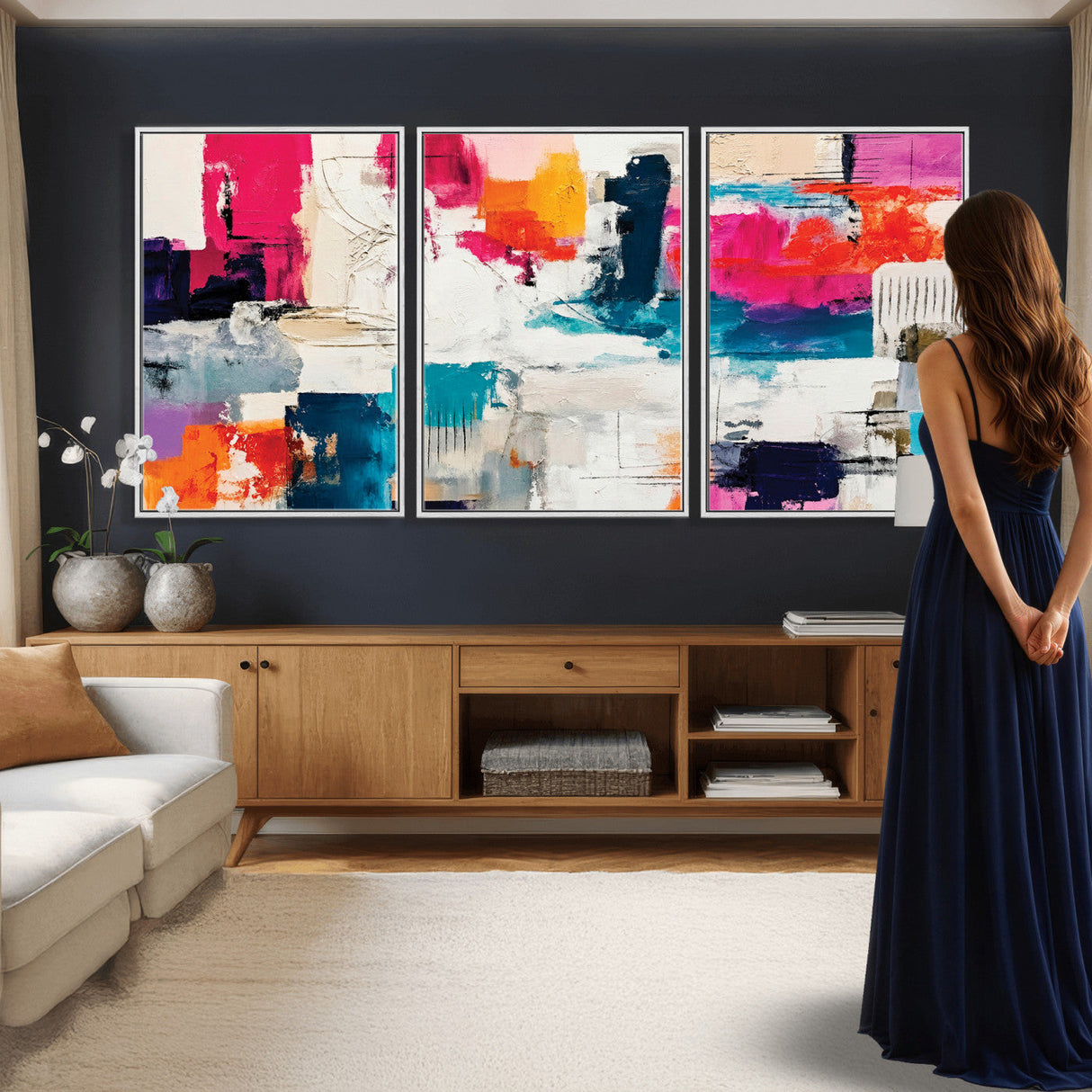 Blue Teal Abstract Canvas Wall Art, Modern Textured Painting Print, Navy Orange White Contemporary Art, Neutral Living Room Decor, Office Art
