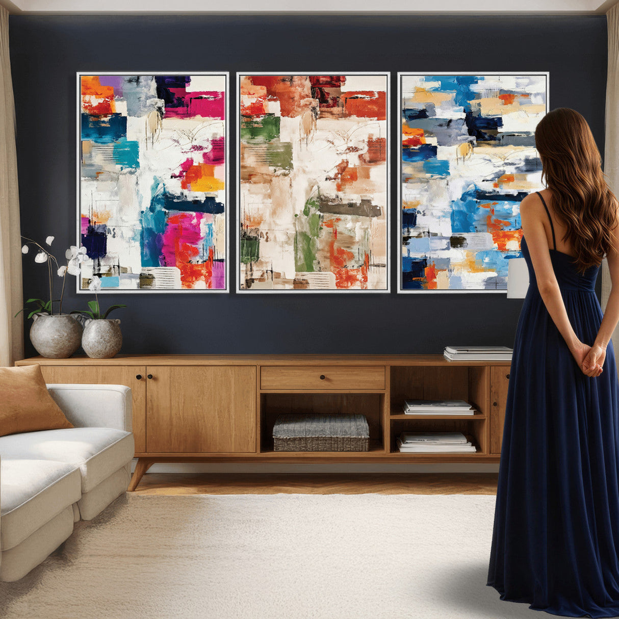Blue Teal Abstract Canvas Wall Art, Modern Textured Painting Print, Navy Orange White Contemporary Art, Neutral Living Room Decor, Office Art