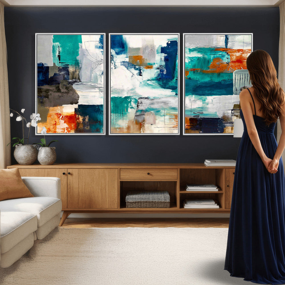 Blue Teal Abstract Canvas Wall Art, Modern Textured Painting Print, Navy Orange White Contemporary Art, Neutral Living Room Decor, Office Art