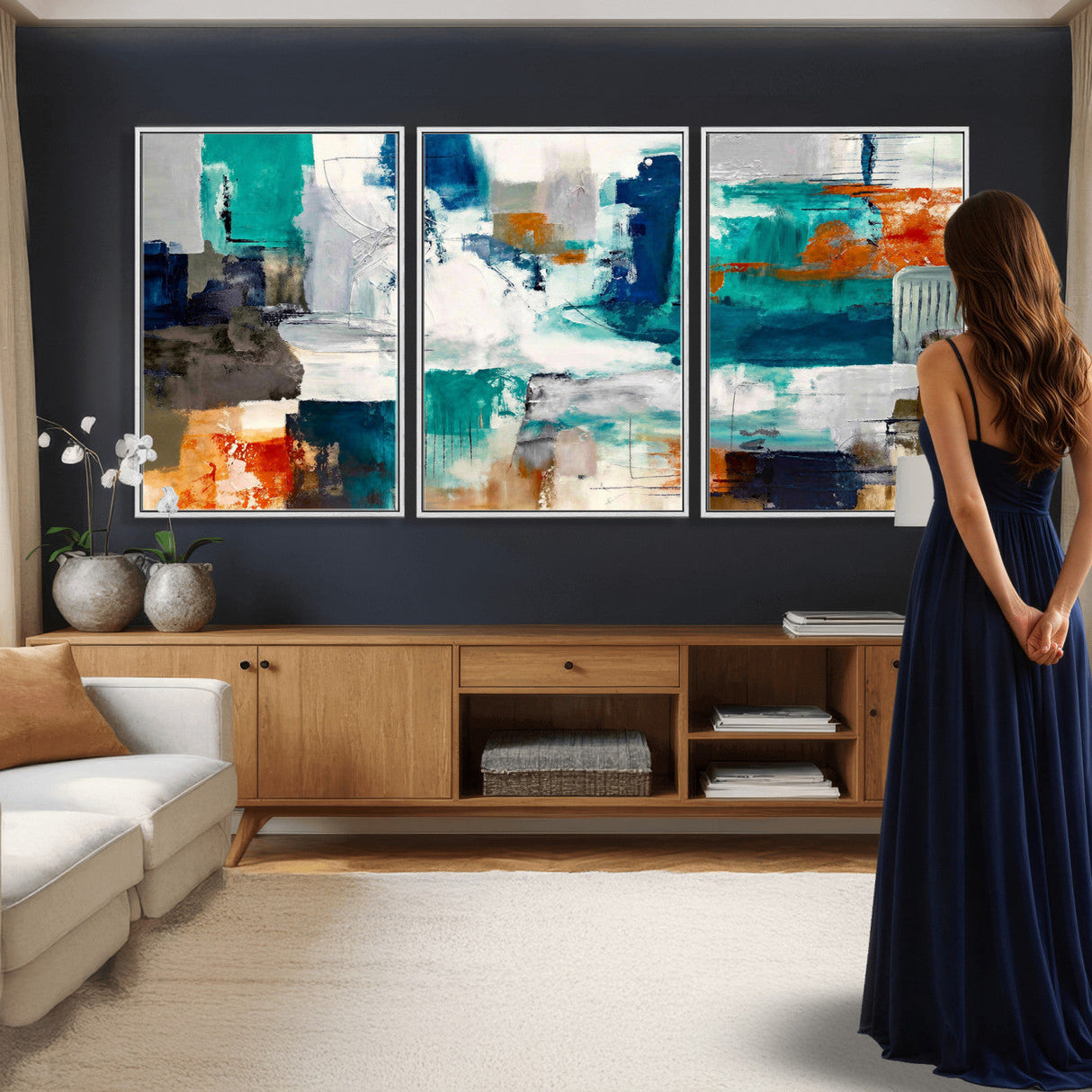 Blue Teal Abstract Canvas Wall Art, Modern Textured Painting Print, Navy Orange White Contemporary Art, Neutral Living Room Decor, Office Art