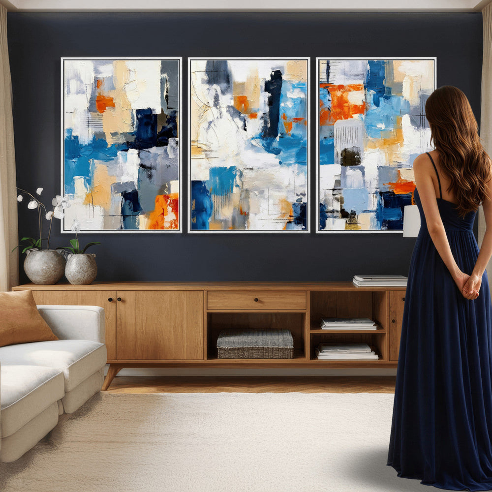 Blue Teal Abstract Canvas Wall Art, Modern Textured Painting Print, Navy Orange White Contemporary Art, Neutral Living Room Decor, Office Art
