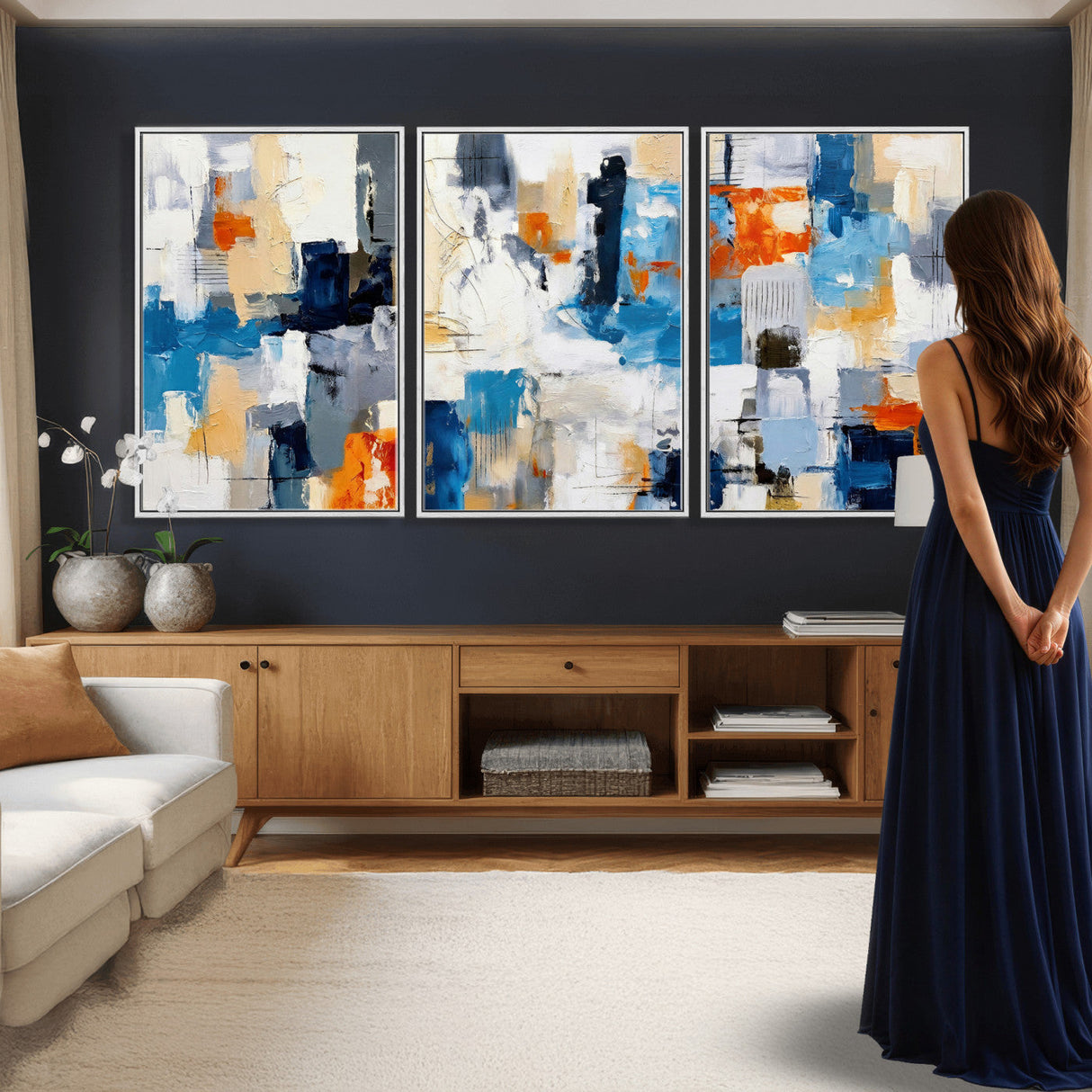 Blue Teal Abstract Canvas Wall Art, Modern Textured Painting Print, Navy Orange White Contemporary Art, Neutral Living Room Decor, Office Art