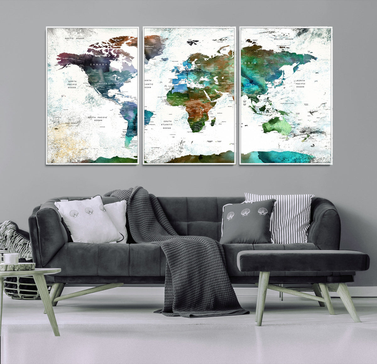 Modern Watercolor World Map Canvas Wall Art – Framed