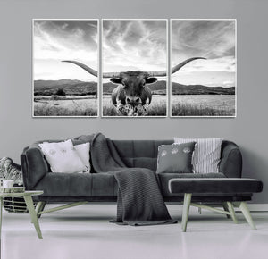 Longhorn Black and White Wall Art – Rustic Western Bull