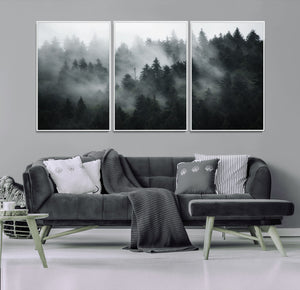 Foggy Forest Wall Art Canvas Print | 3 Panel Large Misty