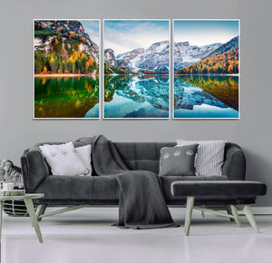 Spectacular autumn view of Braies Lake Wall Art Canvas Print