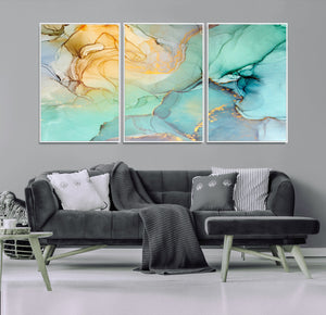 Abstract Aqua and Gold Fluid Wall Art Canvas | 3 Panel Large