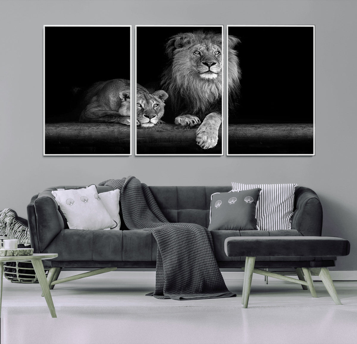 Large Black and White Lion Couple Wall Art Canvas Print –