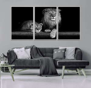 Large Black and White Lion Couple Wall Art Canvas Print –