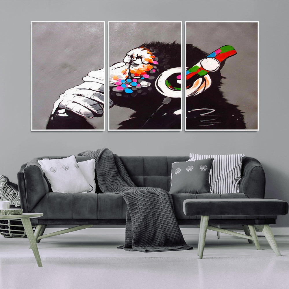 Dj Monkey Listening to Music Wall Art Print | Banksy Monkey