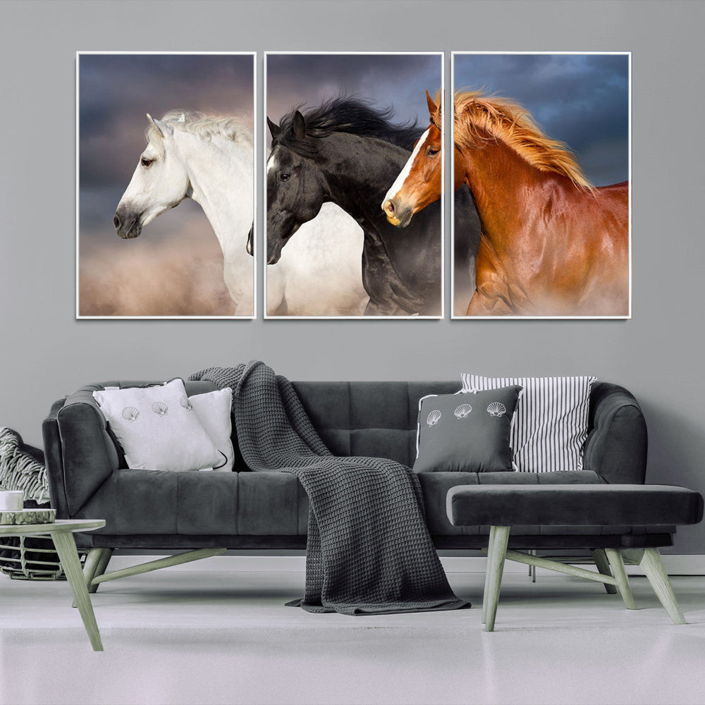 Animal Wall Art Three Horses Farmhouse Art Canvas, Framed